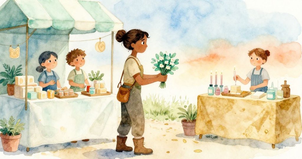 在化妝品攤位前，馬拉與皂匠溫暖交換香草包與蠟燭，彼此含笑致意，完成滿載挑戰的清晨旅程。