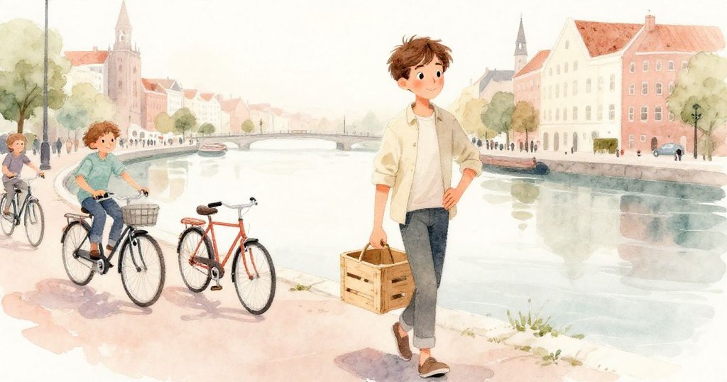 秦在河岸邊平衡板條箱，自行車快速掠過背景，晨光明亮，城市初醒動感角度呈現。