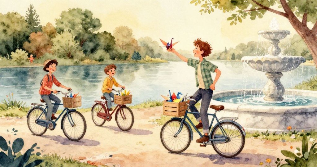 秦的手輕撫紙鶴，紙鶴翼帶晨曦色澤，細膩工藝展現溫柔光影。