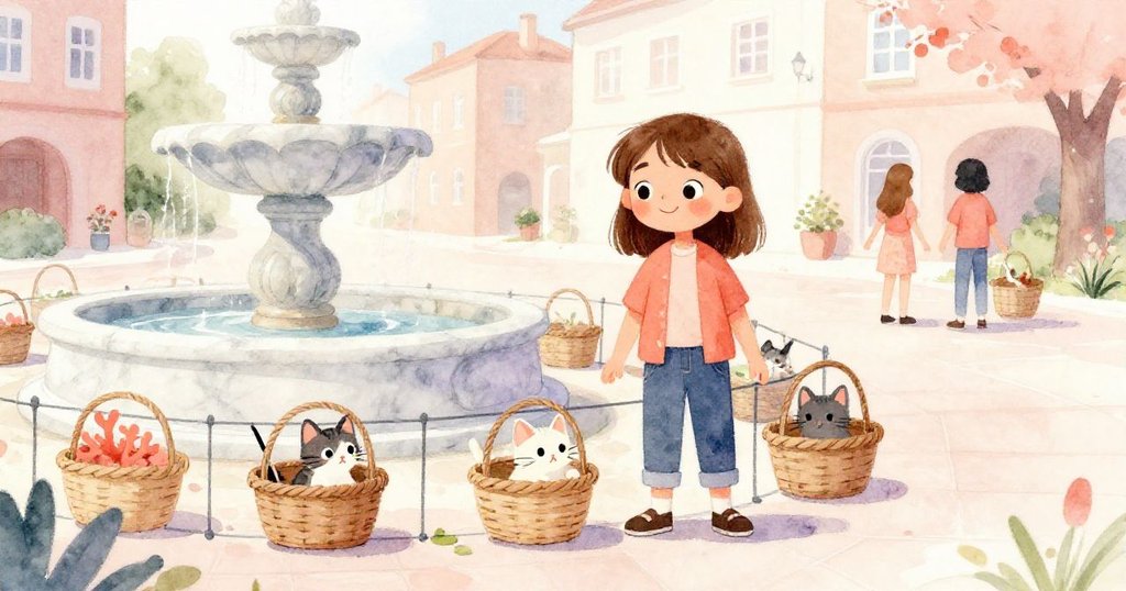 廣場中志工忙碌擺放圍欄，大理石噴泉邊小貓從籃中探頭，晨光溫暖城市喧囂交織。