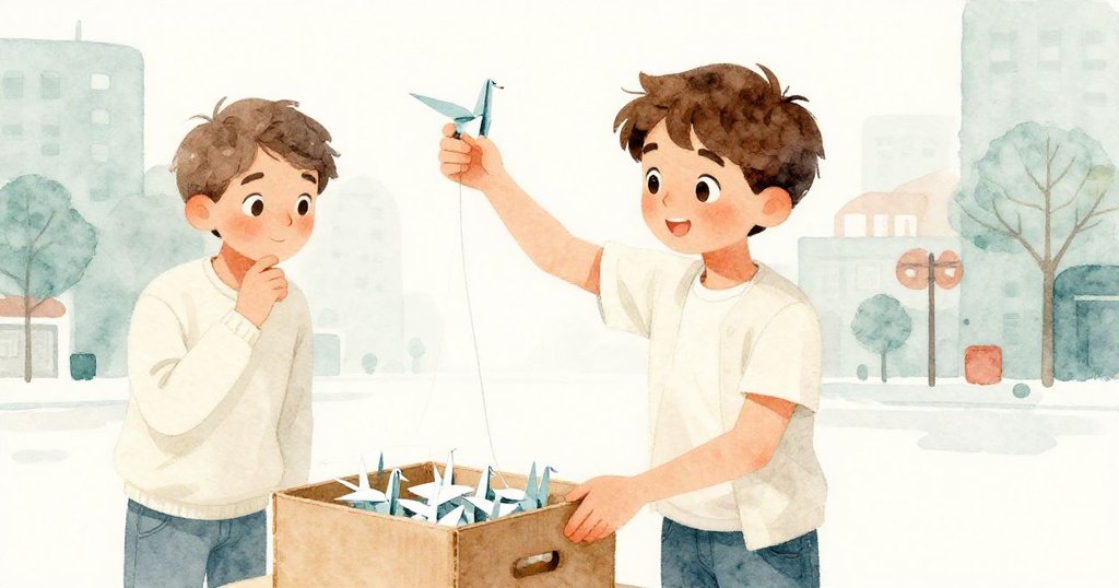 志工伸手接過秦的板條箱，用纖細釣線穿過紙鶴，秦面帶驚訝與思索，熱情合作瞬間溫馨呈現。