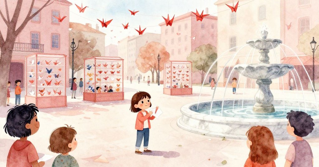 紙鶴漂浮於圍欄之上，小孩用餐巾模仿摺紙，觀眾讚嘆噴泉銀色光弧，城市藝術盛會神秘收尾。