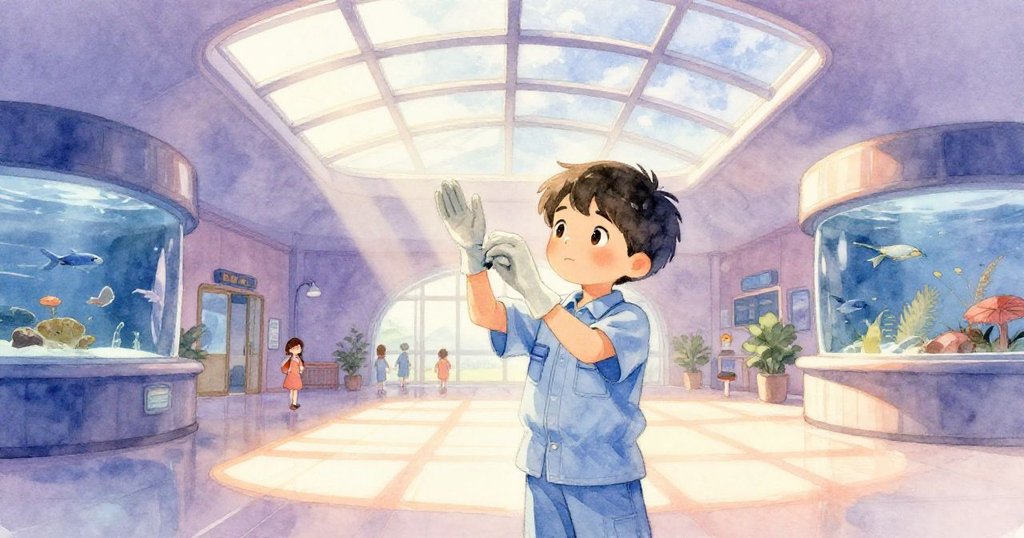 Finley在水族館內調整手套，透過玻璃天頂灑落的晨光映照，展現平靜與期待的情緒。