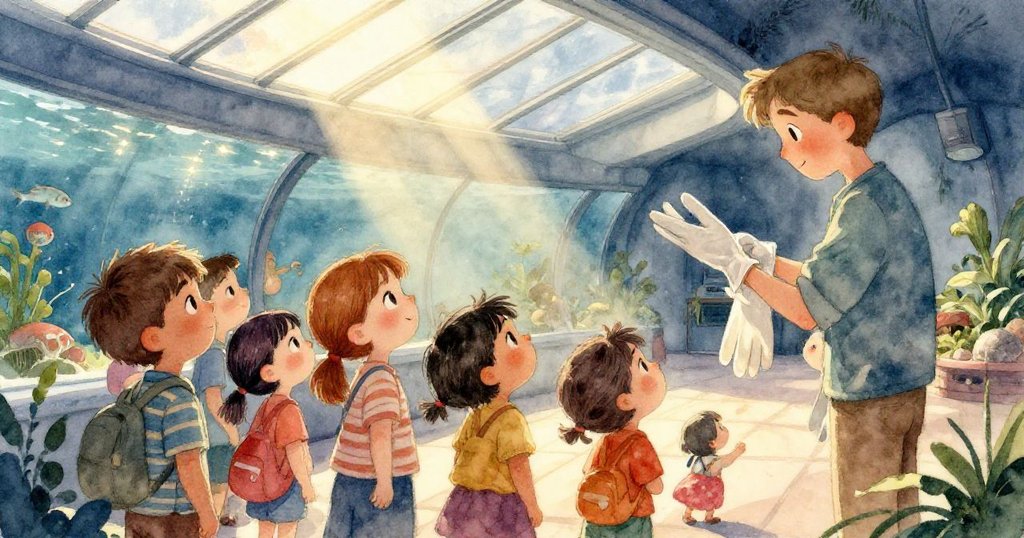 Finley小心握持裝滿幼水母的圓柱，水珠在塑膠上閃爍，展現微觀海洋生物世界的細緻美感。