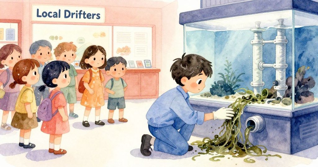 分割畫面中，左側觀眾聚集於展示區，右側Finley蹲下清理被海藻纏繞的設備，展示現代水族館內的忙碌與專注。