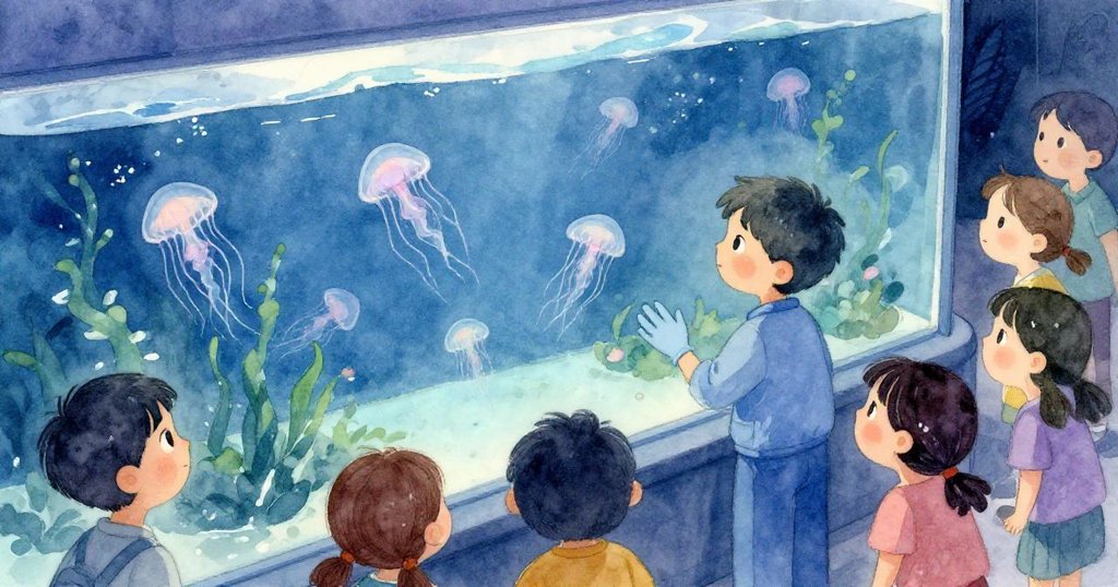 從高處俯瞰展示缸內，水母群如絲帶般隨水流悠然舞動，觀眾驚訝凝視，呈現奇幻現代水族館氛圍。