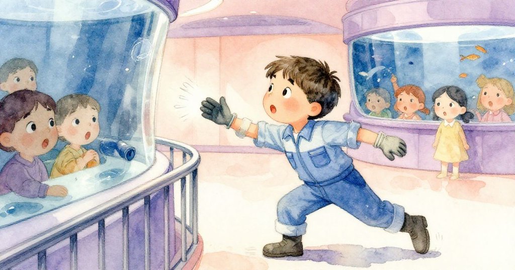 Finley在欄杆邊迅速伸手托住即將滑落的圓柱，觀眾驚呼，畫面充滿緊張與互動的瞬間。