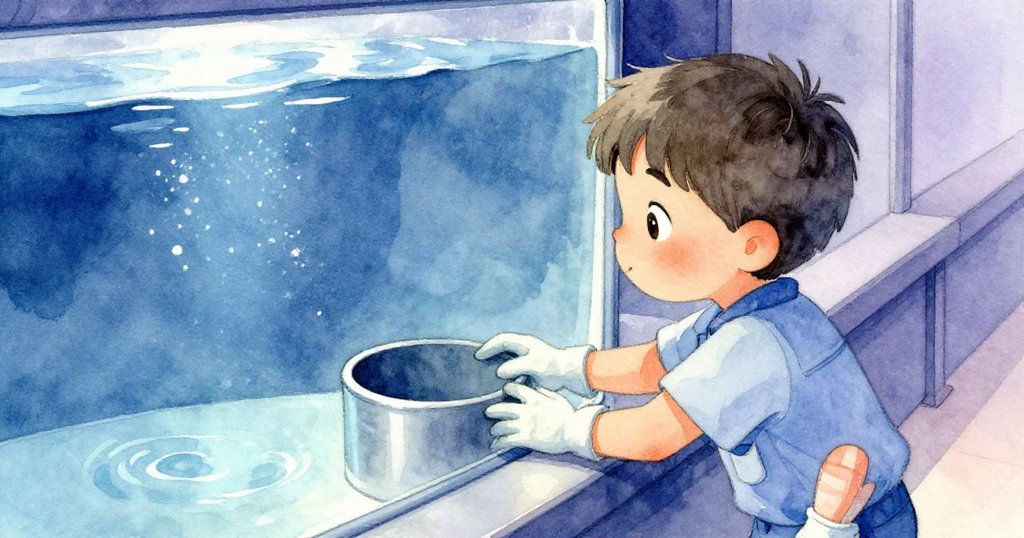 Finley倚著欄杆，手觸空圓柱，藍光映照平靜水面，充滿反思與未來新起點的象徵意義。