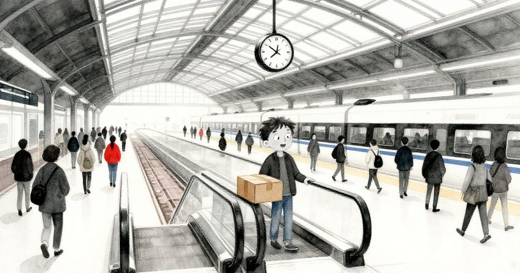 米洛從自動扶梯走出進入玻璃大廳，手持紙箱，背景顯示時鐘和匆忙人群，充滿都市早晨氣息。