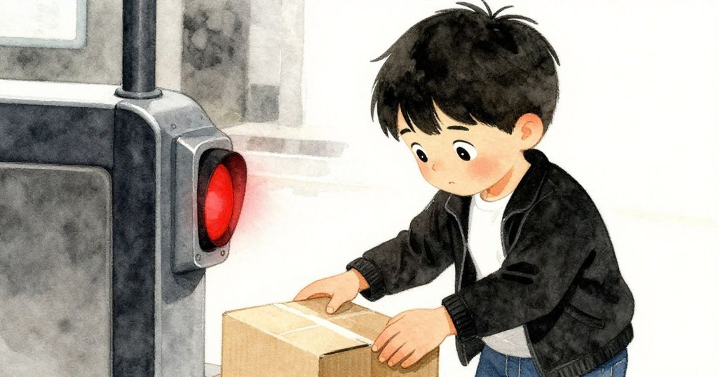 米洛在售票閘口前細調紙箱，專注神情與手部細節明顯，紅光閃爍中透露出都市微妙緊張。