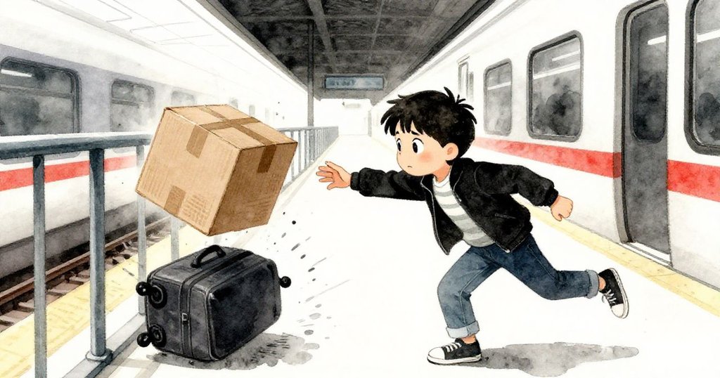 米洛在車站走廊急速伸手接住傾斜紙箱，因行李箱碰撞引發短暫混亂，背景中人群顯得模糊而忙碌。