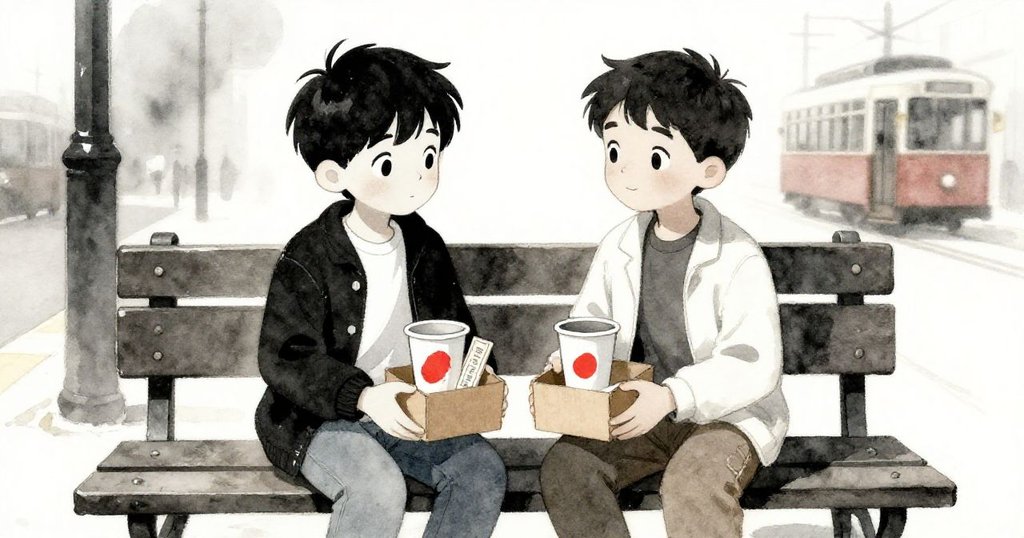 米洛與好友卡勒姆在四號月台長椅上交換紙箱，內含手繪杯和舊票，彼此神情透露懷舊與默契。