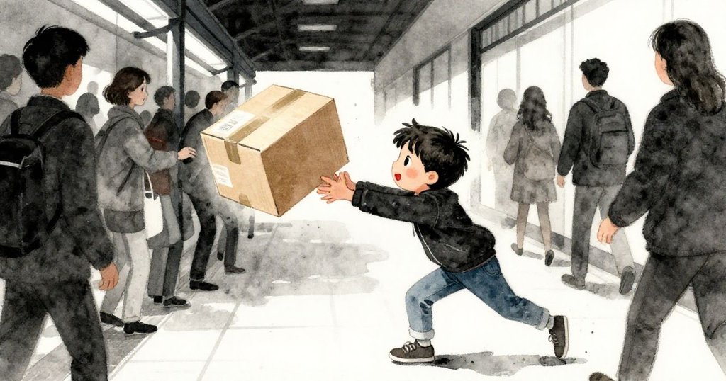 米洛在擁擠走廊中急速出手接住旋轉紙箱，因路人輕碰引發緊張動作，表情顯露從驚慌轉安心。
