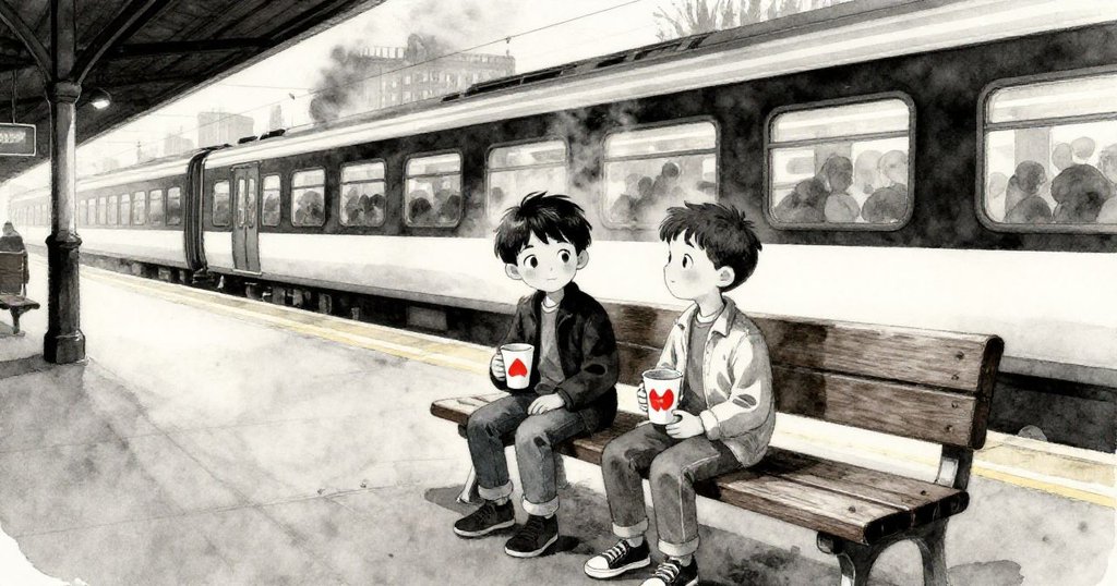 米洛與卡勒姆在月台木製長椅上靜坐，遠處離站火車冒出輕柔蒸汽，兩只手繪杯並列，場景溫馨寧靜。