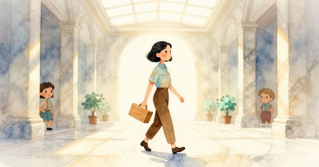 Mira 穩穩提著木箱穿越大理石大廳，神情專注，晨光柔和映照場景，展現故事開端的寧靜與期待