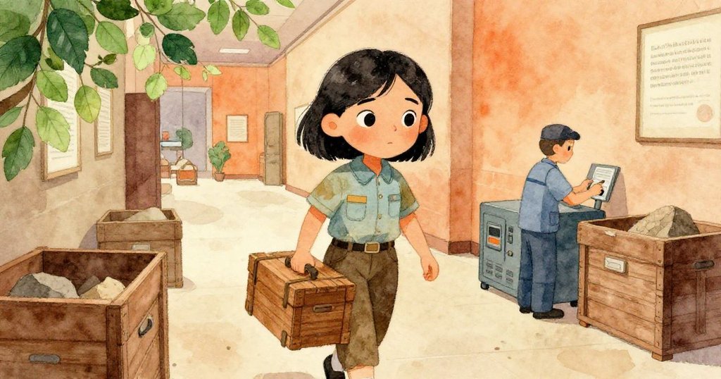 Mira 小心前行於空曠走廊，背景技術員操作發電機，化石箱零散散佈，場景充滿淡淡日落光影與警戒氣氛