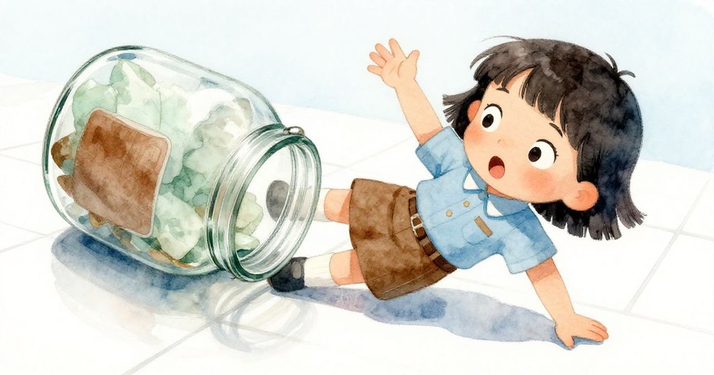 Mira 驚慌失措間眼神慌亂，玻璃罐從木箱滑落，瓷磚上畫面扭曲呈現急促運動，氣氛緊張