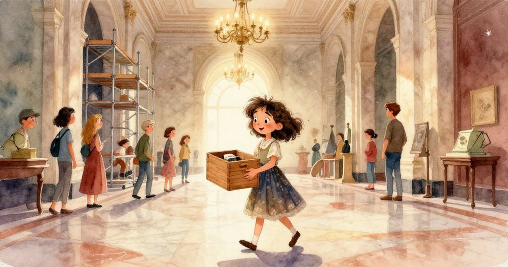 瓷磚上泥沙與水匯聚成迷人河流地圖，修復員專注探觸，畫面彷彿揭示古老秘密，充滿奇幻氣息