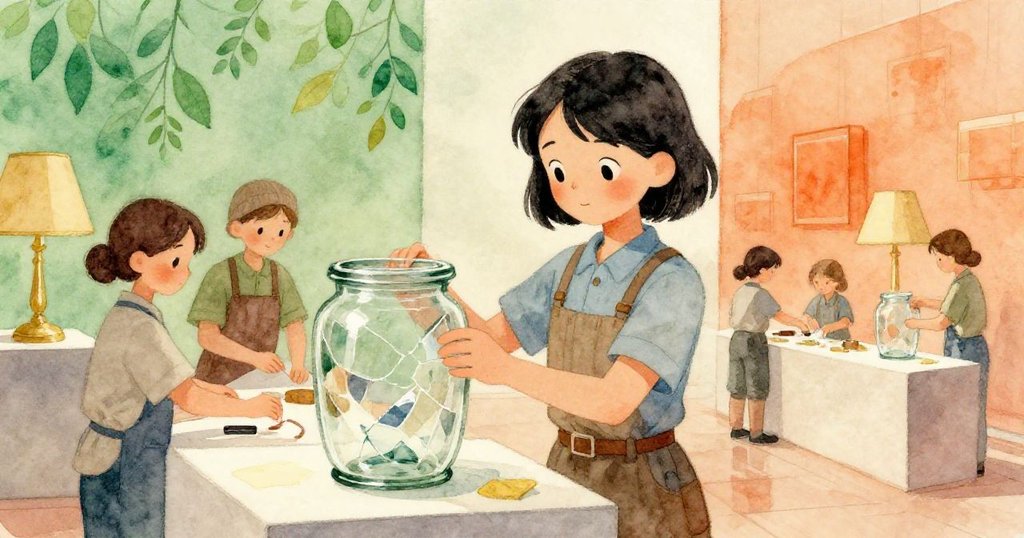 Mira 與修復團隊密切合作，貼合破損玻璃罐，調整燈光和擺設，互動溫馨，展現團隊精神與修復希望