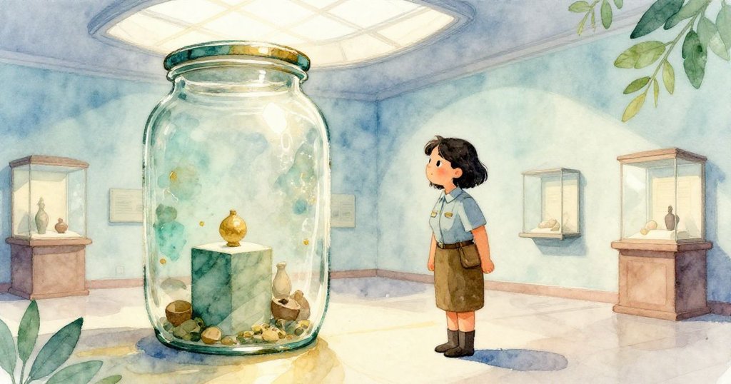 Mira 驕傲站立於展廳中央，修復好玻璃罐在天窗光芒中閃耀，畫面展現完成與新篇章開始的喜悅