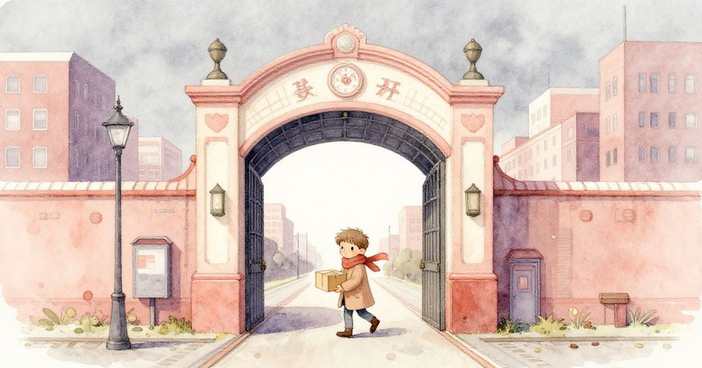 Milo從火車博物館大門走出，手持紙盒，神情期待且微帶緊張，背景展示城市老屋與低垂天空，開啟故事序章。