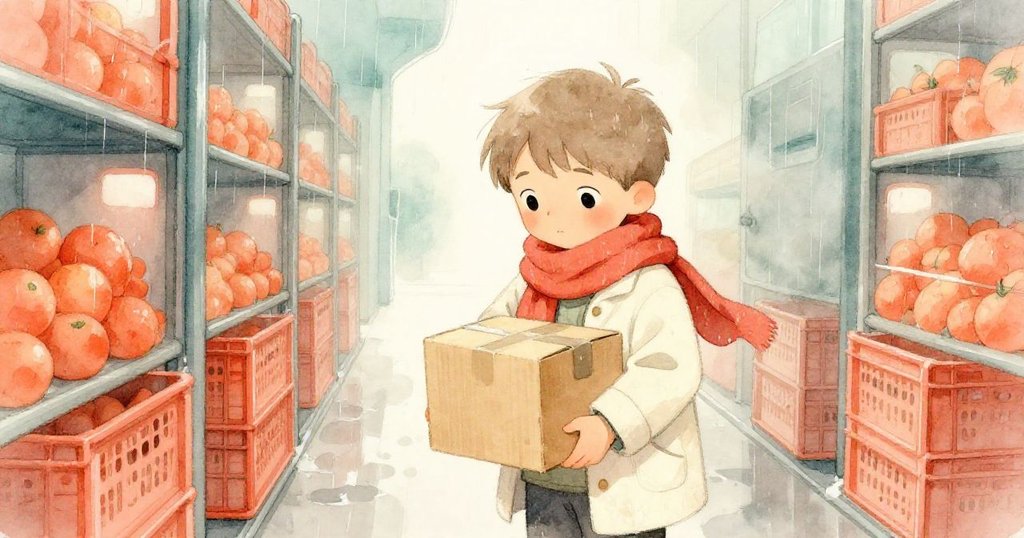 Milo走進雨中隱蔽走廊，旁邊排列水果箱散發柔和橙光，他小心地把紙盒藏入外套，情節逐步推向高潮。