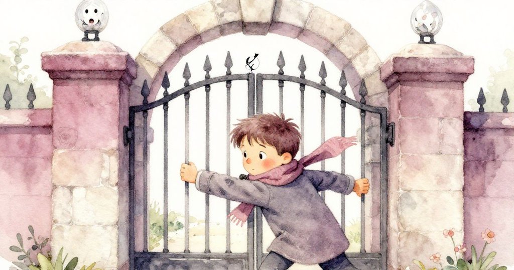 Milo在古老花園入口用力推動鐵門，肩膀抵住門扇，表情專注堅定，動作充滿挑戰與努力感。