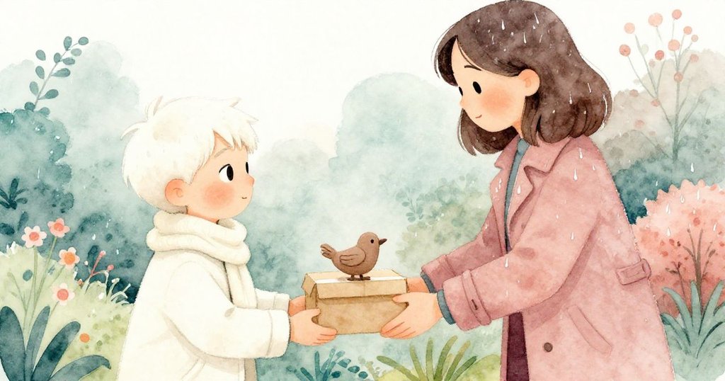 Milo在花園石徑旁與穿雨衣女子眼神交會，女子將紙盒靜遞還予他，情感溫暖，故事迎向平和結尾。