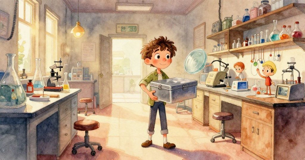 Milo的手正仔細按壓金屬盒蓋，露出內部精緻的玻璃片與實驗室標籤，細節生動呈現責任感