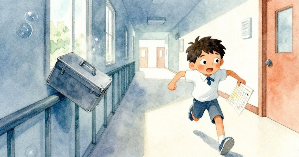 Milo視角中，一同學急速跑過碰撞他的肩膀，金屬盒在欄杆上滑動，走廊背景微微模糊