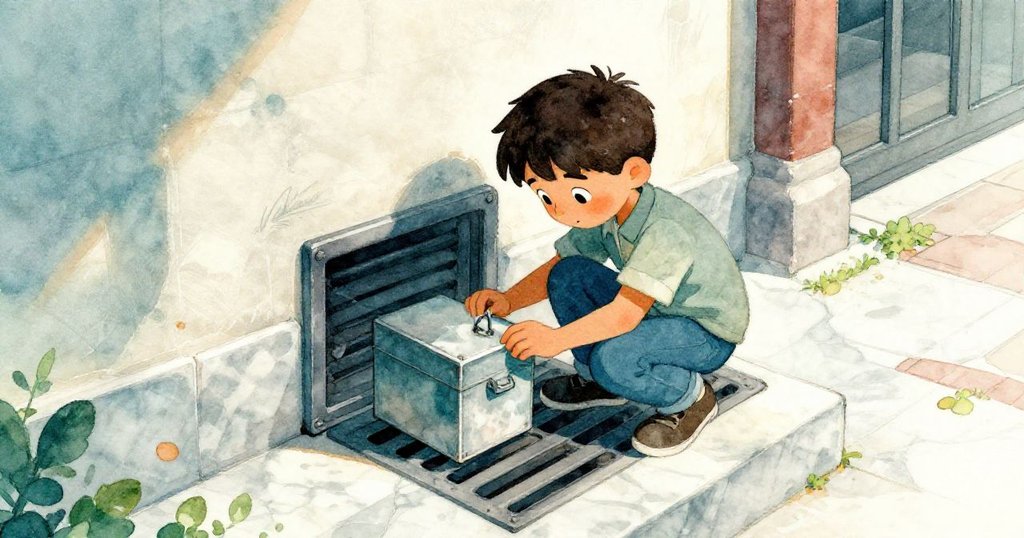 Milo蹲於大理石階旁通風口邊，專注修復金屬盒鉸鏈，周遭有同學好奇窺望，情景生動