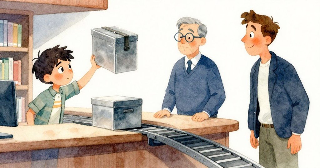 圖書館櫃檯上傳送帶靜止，金屬盒突然現身，圖書管理員輕提盒子，攝影老師驚喜觀察，場景溫暖靜謐