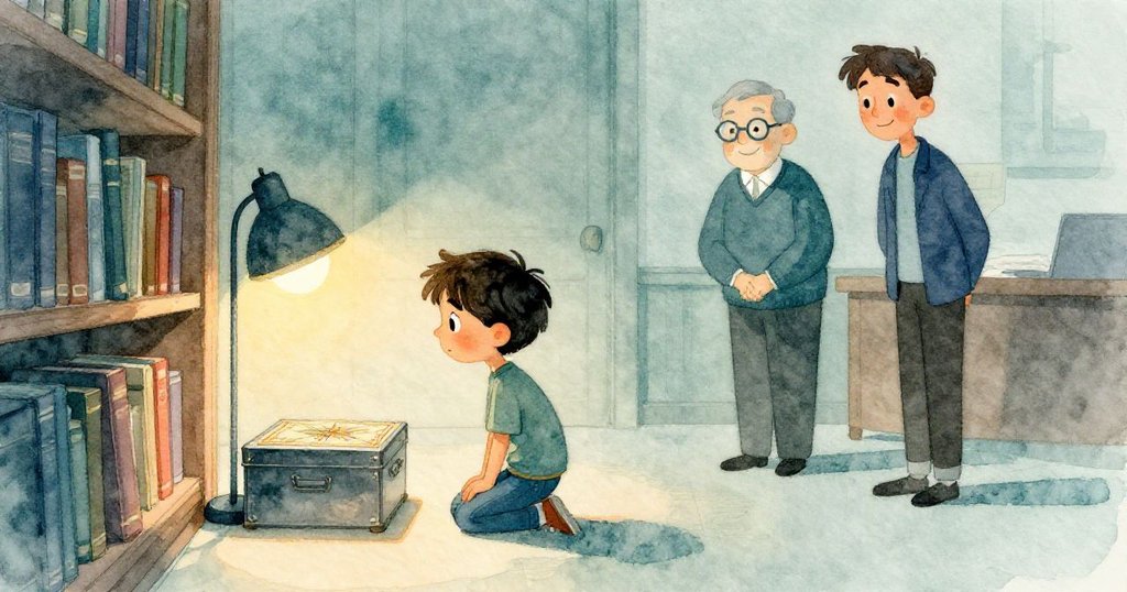 Milo站在寧靜圖書館內觀察放於閱讀燈下的金屬盒，盒中玻璃片完好無損，旁有參考書堆，畫面和平溫暖