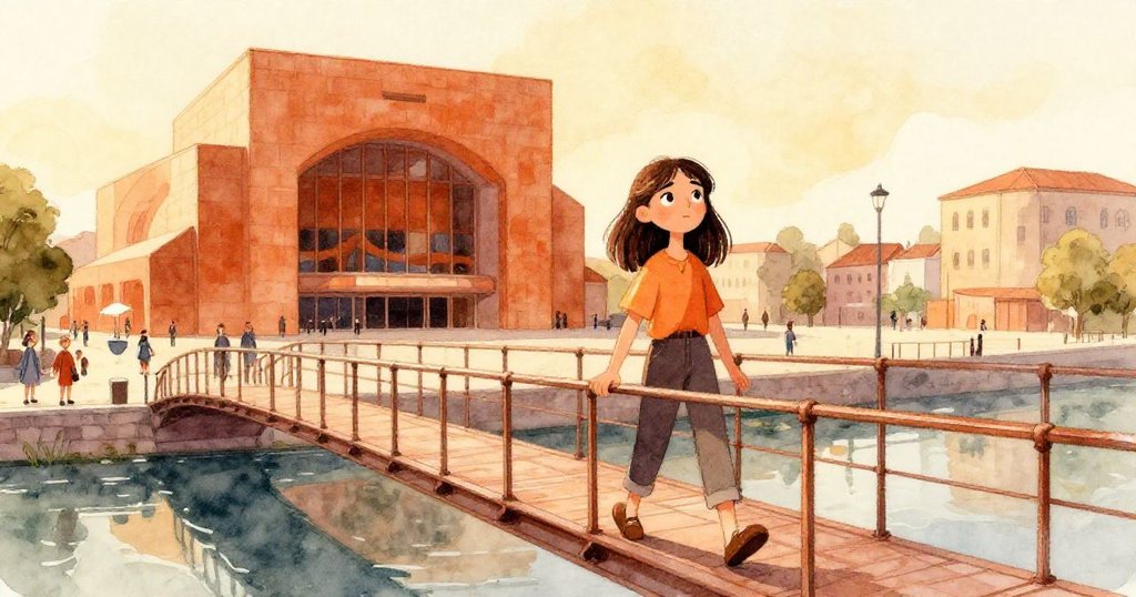 莉娜踏上鋼製天橋，背景中有運河與音樂廳，正握著錄音器，臉上帶著期待與平靜，展開冒險旅程。