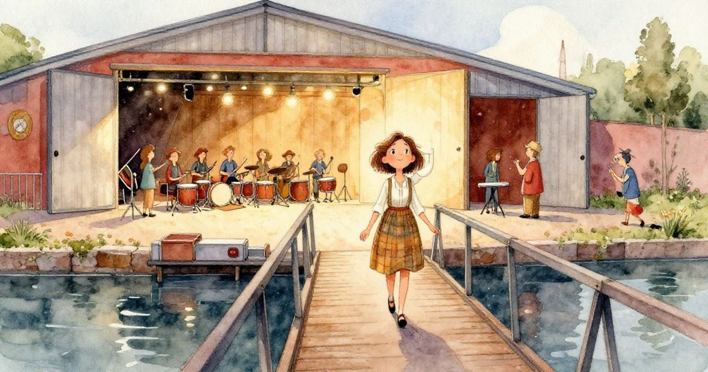 莉娜注視生鏽樑上的牆繪，畫中淡去色彩的提琴與亮色氣球並排出現，溫暖光線下透出懷舊與趣味。