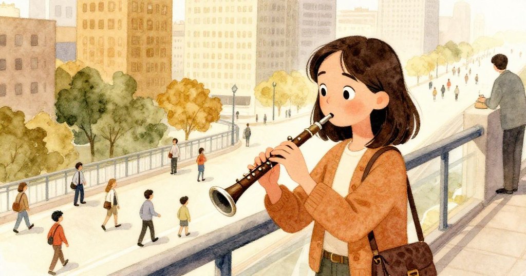 莉娜在高角度中將錄音器夾於欄杆上，下方上班族穿梭行走，燦爛陽光中展現專注與忙碌。