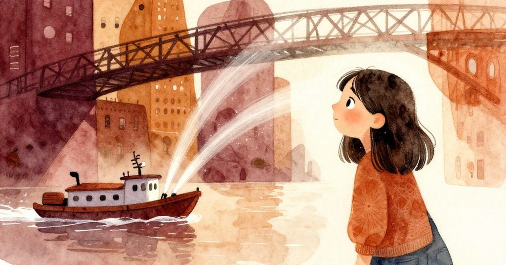 莉娜望向橋下清潔船噴出水柱，水弧與金屬構築超現實幾何圖案，流露驚奇心情，背景呈現都市韻味。