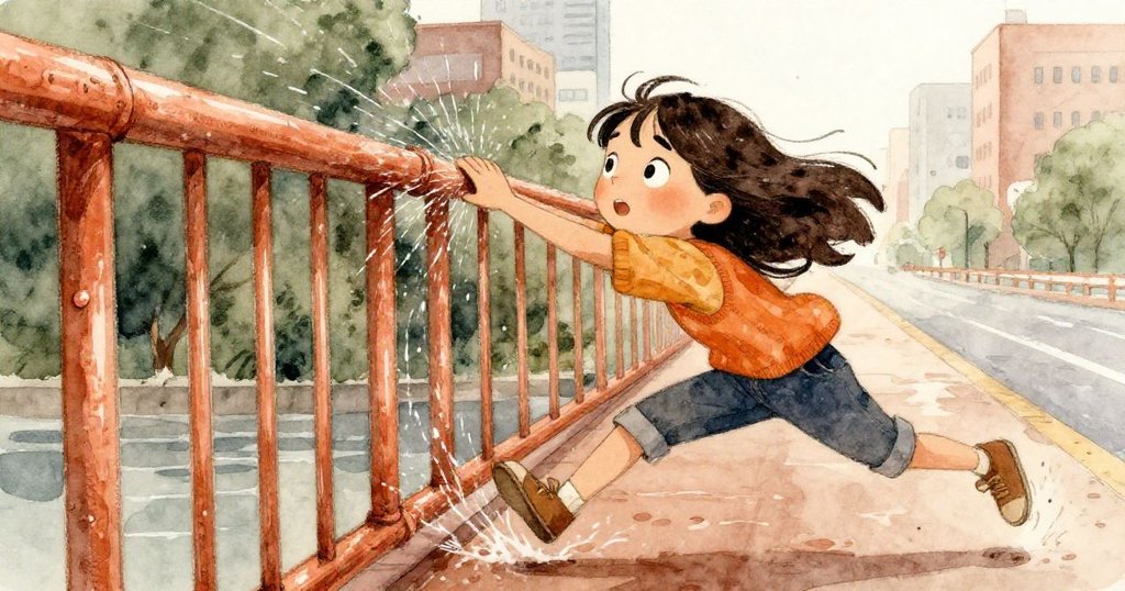 莉娜急速伸手抓住欄杆，錄音器隨水花彈起，她臉上驚喜與決心交織，動感渲染出急促瞬間。