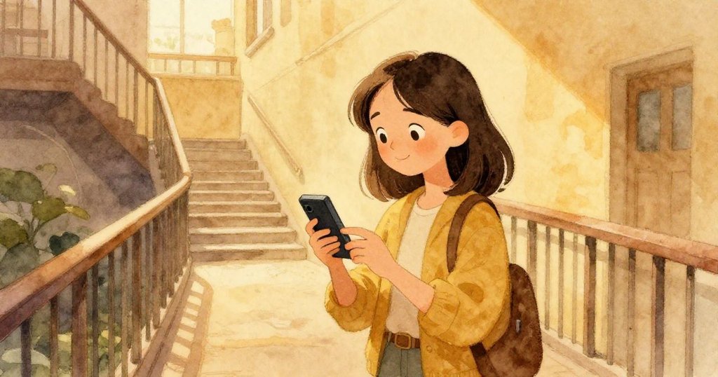 莉娜重播錄音，臉上流露寧靜微笑，沿著天橋走向樓梯，柔和光線中透露平和與收穫，旅程接近尾聲。