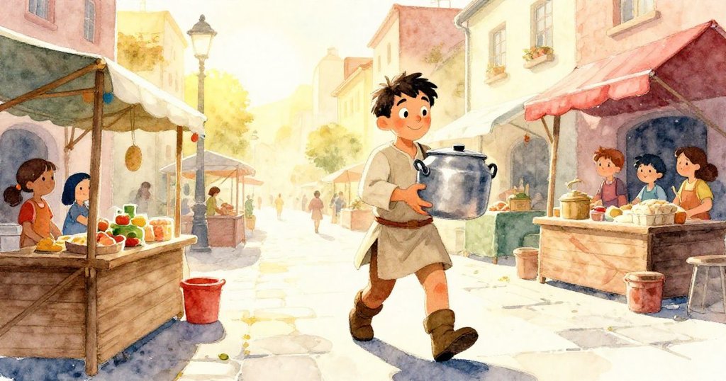 巴西爾踏入熱鬧市場，側腰挾帶鋼鍋，陽光斜照石板街道，市集熱情活潑，充滿期待與好奇表情