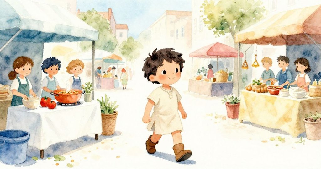 巴西爾穿過熙攘人群走向義工長桌，攜帶溫暖濃郁的番茄豆湯，背景現代市場充滿活力互動