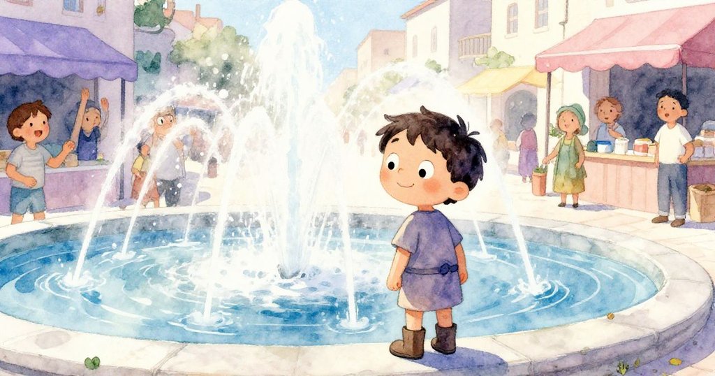 巴西爾驚訝凝視中央噴泉，水霧映出市場倒影，陽光穿透霧氣，攤販急避，現代都市風情濃厚