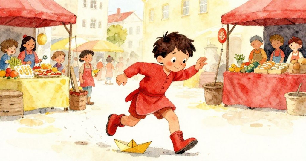 巴西爾微笑調整步伐，因小孩追逐紙船輕觸腳踝，市場中互動生動，充滿溫暖親切氣氛