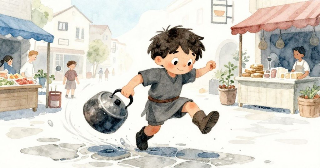 巴西爾在濕滑石板上失足，鋼鍋觸地發出金屬聲響，水跡四散，動感十足，情景充滿緊湊氛圍