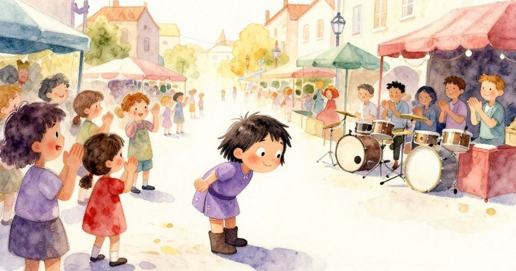 巴西爾穩住鋼鍋後俏皮鞠躬，街頭樂隊與市民熱烈鼓掌，整個市場洋溢歡樂溫馨氛圍