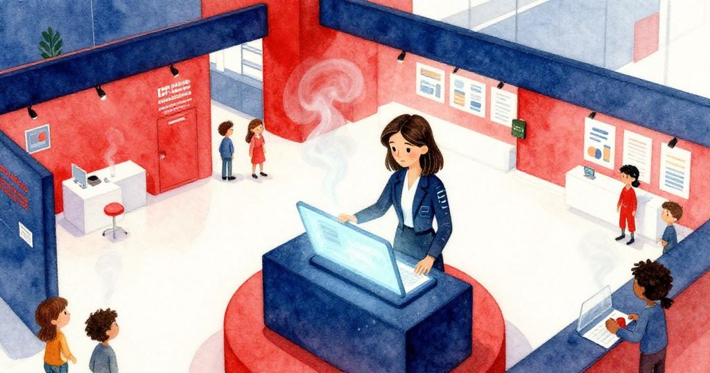 拉拉在展覽廳高桌上平衡著發光主機，背景呈現現代都市風格，晨光灑落空間散發溫暖氣氛。