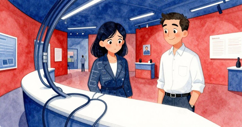 拉拉驚慌中看著快傾斜的主機，評估員迅速上前接住裝置，背景充滿重疊電纜與現代科技感。