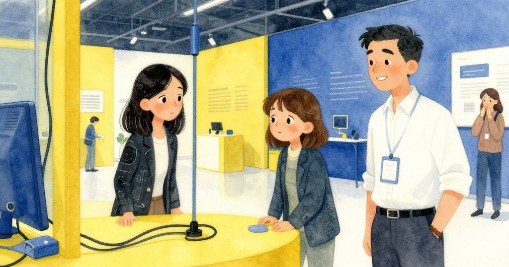 評估員從高處細心旋轉小插頭，拉拉在旁安心觀看，現代展廳內彩色電纜與燈光交織出和諧氛圍。