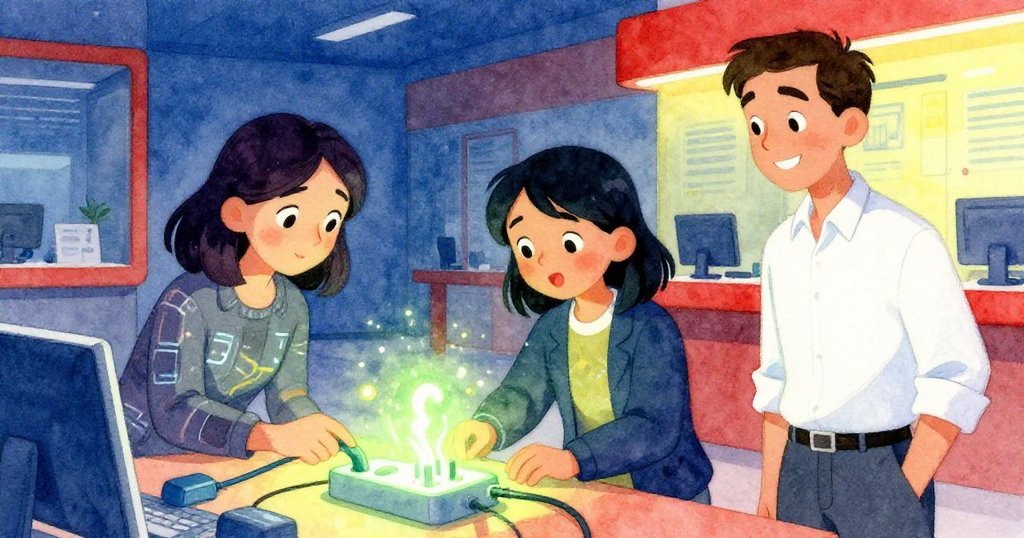 主機電源條綠燈亮起，眾多設備依次啟動，拉拉露出安心笑容，評估員點頭示意成功合作，場景充滿現代科技感。