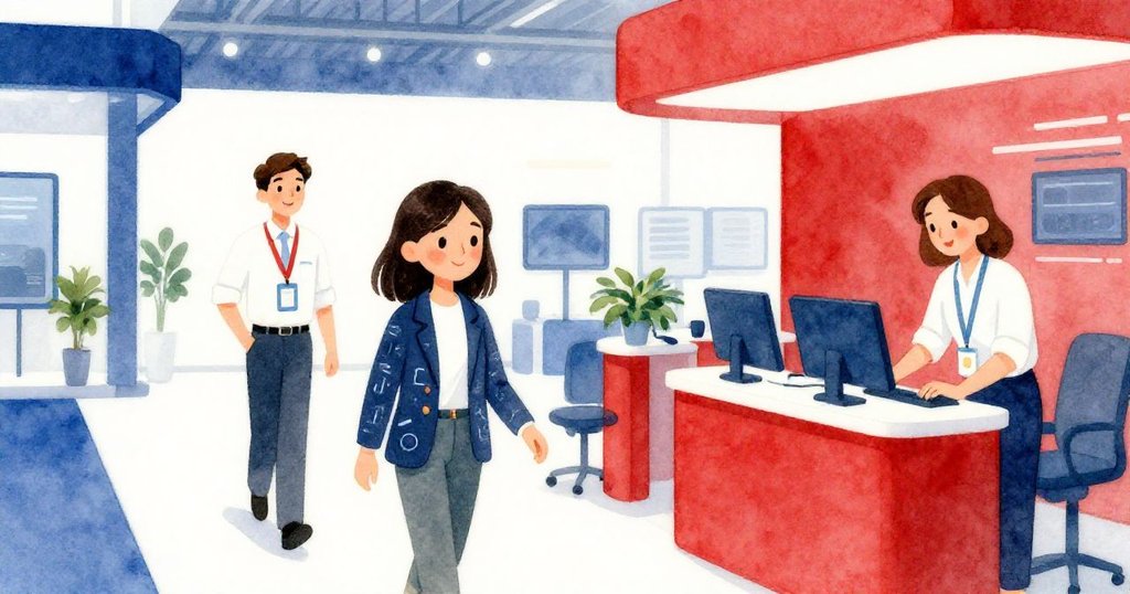 評估員微笑著離開展臺，徽章在燈光下閃爍，拉拉調整主機露出滿意笑容，現代展廳內科技感與溫馨氣氛交融。